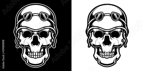 Skull in motorcycle helmet and goggles in black and white vintage monochrome style isolated vector illustration
