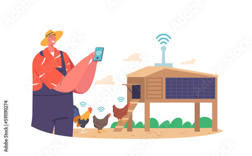 Farmer Character Control Chicken With Wifi On Smart Farm. Advanced Technology That Provides Real-time Monitoring