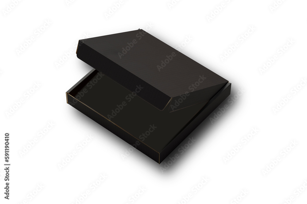 Half open Black pizza box packaging mockup. 3d rendering. Half open Black pizza box packaging mockup. 3d rendering.