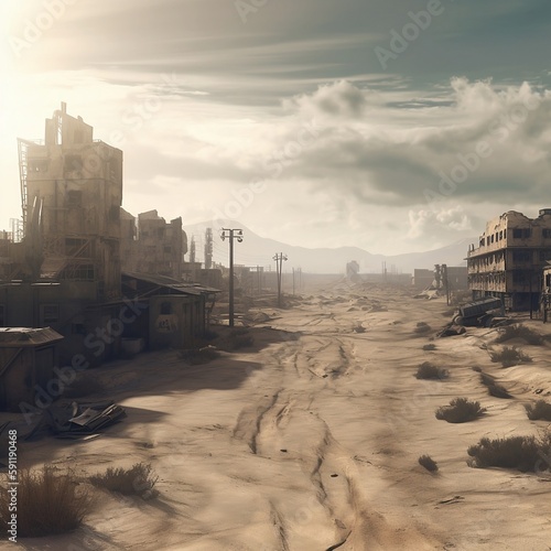 Postapocalyptic abandoned city ruins in the desert