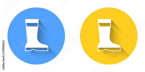 White Fishing boots icon isolated with long shadow background. Waterproof rubber boot. Gumboots for rainy weather, fishing, hunter, gardening. Circle button. Vector