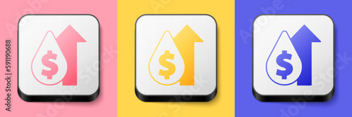 Isometric Oil price increase icon isolated on pink, yellow and blue background. Oil industry crisis concept. Square button. Vector
