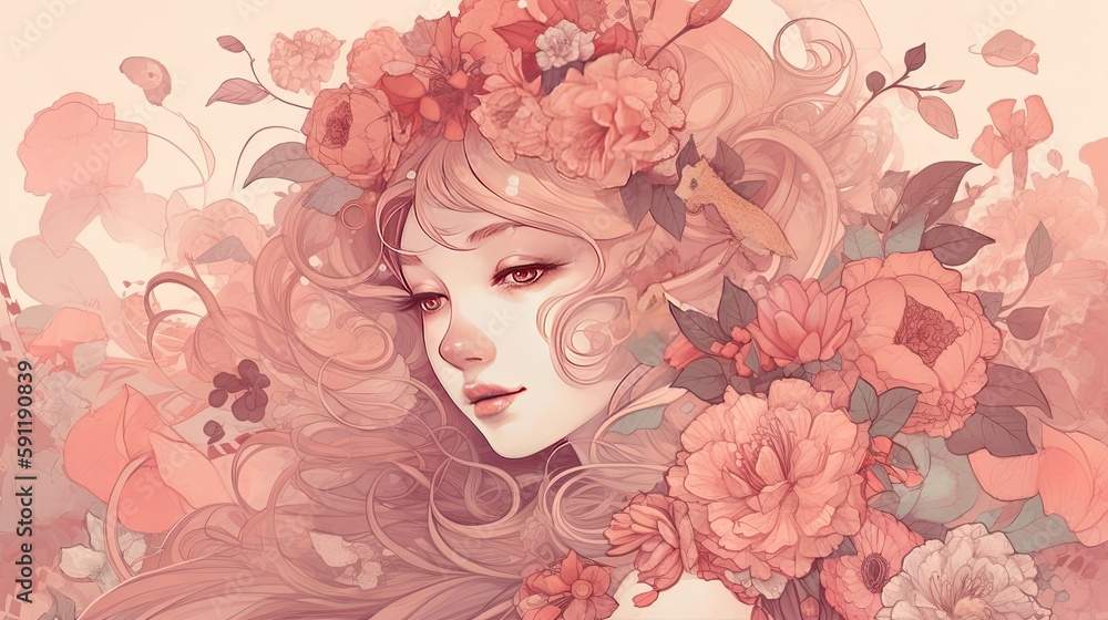 Illustration portrait of a woman with flowers in hair, AI generativ