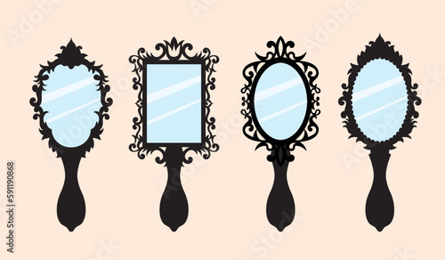 Vector set of hand mirrors in a beautiful ornamental frame.