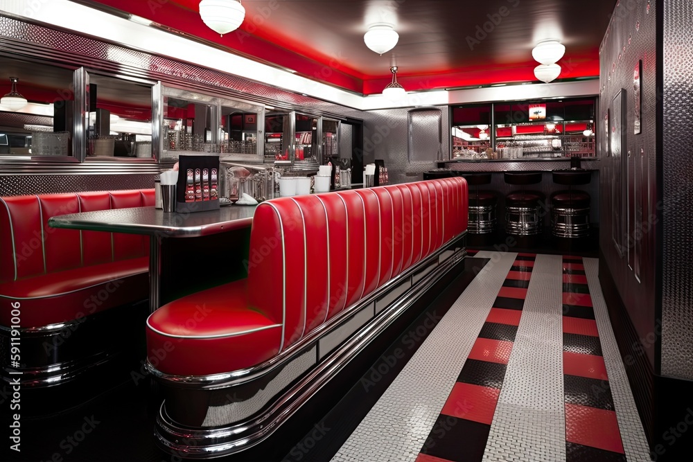 a classic american diner, with red vinyl booths and chrome accents, created with generative ai