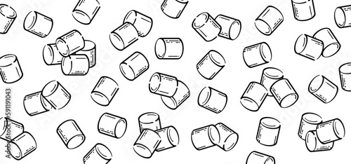 Drawing cartoon sugar marshmallow, line pattern. Sweet marshmallow for bbq, cooking icon or symbol. Delicious, tasty white marshmallows. Eating roasted candies sweets.