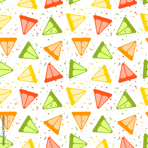 Abstract colorful citrus slices and splashes seamless pattern. Juicy summer background. Kids funny cute texture for cover, menu, banner, fabric, wrapping paper, party design. Vector illustration.