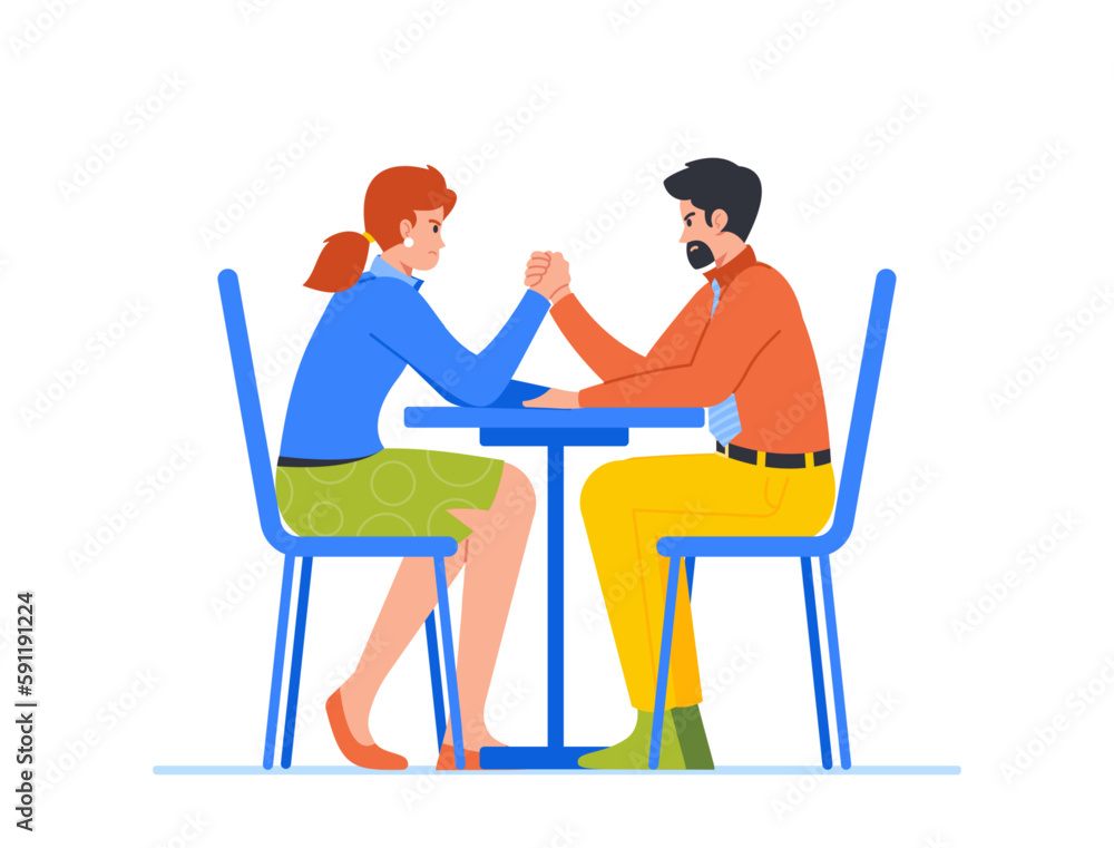 Businesswoman And Man Competing In An Arm-wrestling Match, Displaying Strength And Determination Vector Illustration