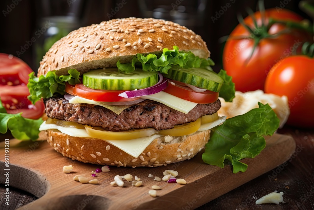 close-up of delicious hamburger, with cheese and vegetables visible, created with generative ai close-up of delicious hamburger, with cheese and vegetables visible, created with generative ai