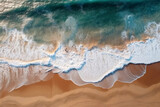 Soft blue ocean wave on sandy beach. Top view. Generative AI
