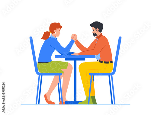 Businesswoman And Man Competing In An Arm-wrestling Match, Displaying Strength And Determination Vector Illustration