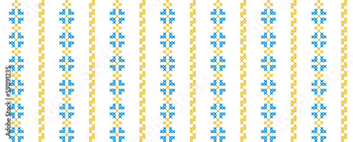 Ukrainian vector seamless fashion pattern. Decoration in blue and yellow color. Ukrainian vertical stripes fashion pattern. Pixel art, vyshyvanka, cross stitch
