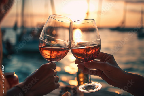 Two woman hands toasting with glasses of wine by the sea at sunset, Generative AI