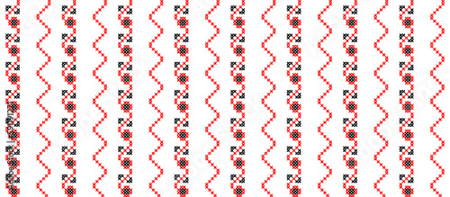 Ukrainian modern striped pattern. Vector seamless pattern for textile, fabric, cloth. Modern ukrainian folk, ethnic ornament in red and black. Pixel art, vyshyvanka, cross stitch
