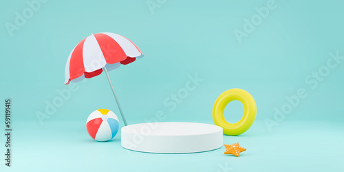 3D Rendering Summer product display stage for presentation illustration. Beach umbrella with swim ring on aqua blue background