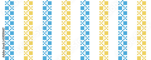 Ukrainian vector seamless fashion pattern. Decoration in blue and yellow color. Ukrainian vertical stripes fashion pattern. Pixel art, vyshyvanka, cross stitch