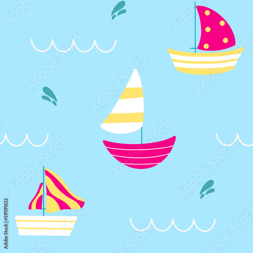 Hand drawn boats isolated on blue background. Childish seamless pattern on sea theme for printing on textile.