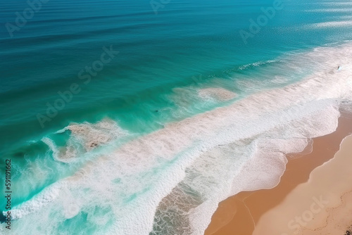 Soft blue ocean wave on sandy beach. Top view. Generative AI