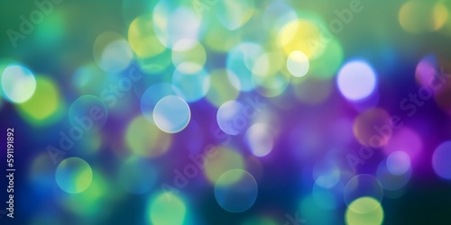 Colorful circles of lights, abstract background. Defocused bokeh, blurry backdrop. Image is AI generated.