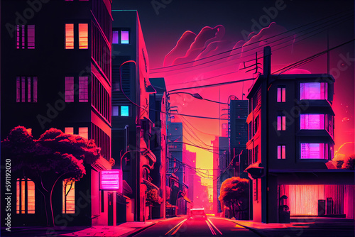 City street with buildings and neon lights. Gaming computer metropolis. AI generated.