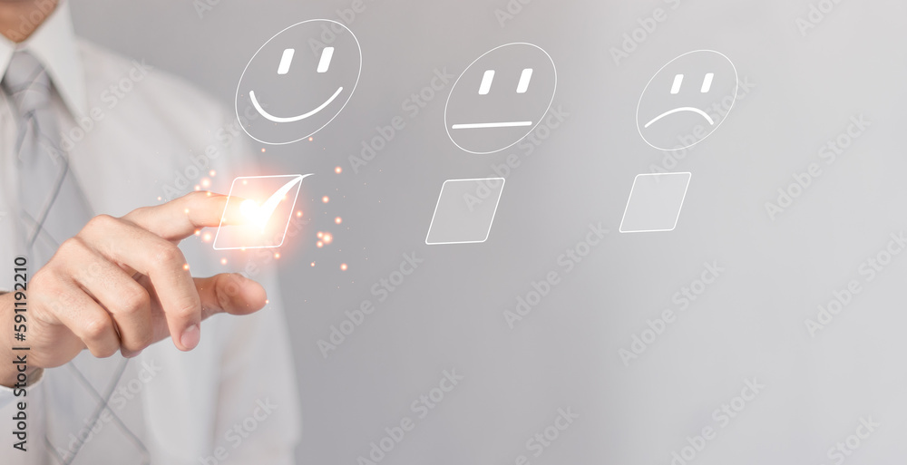 Client Satisfaction Face Customer service and Satisfaction concept, Business people touching the ...