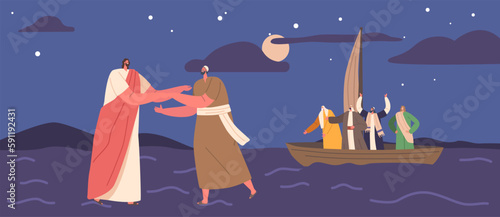 Biblical Scene Jesus And Peter Walk On Water While Apostles Sit In A Boat. The Image Depicts Faith, Miracles