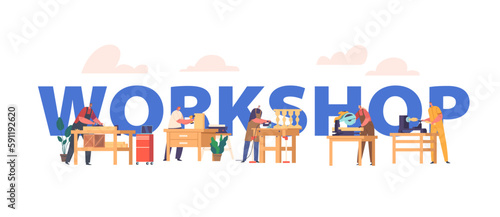 Carpentry Workshop Poster With Man Operating Machinery And Tools, Carving And Shaping Wood Cartoon Vector Illustration