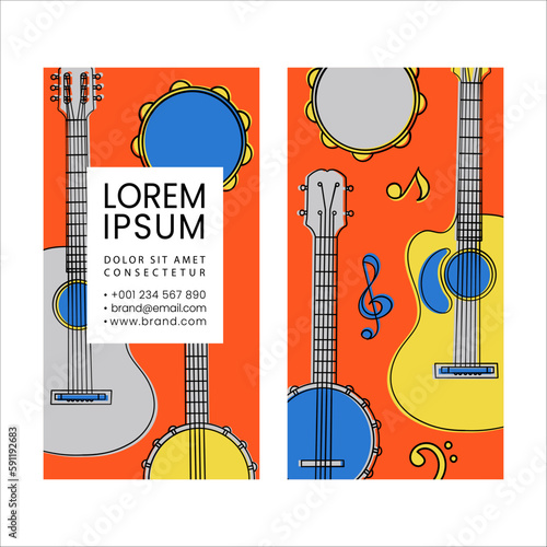GUITAR BANJO TAMBOURINE Country Music Lesson Acoustic Instruments Music Teacher Business Card Bright Templates Education Clip Art Vector Illustration Set For Print