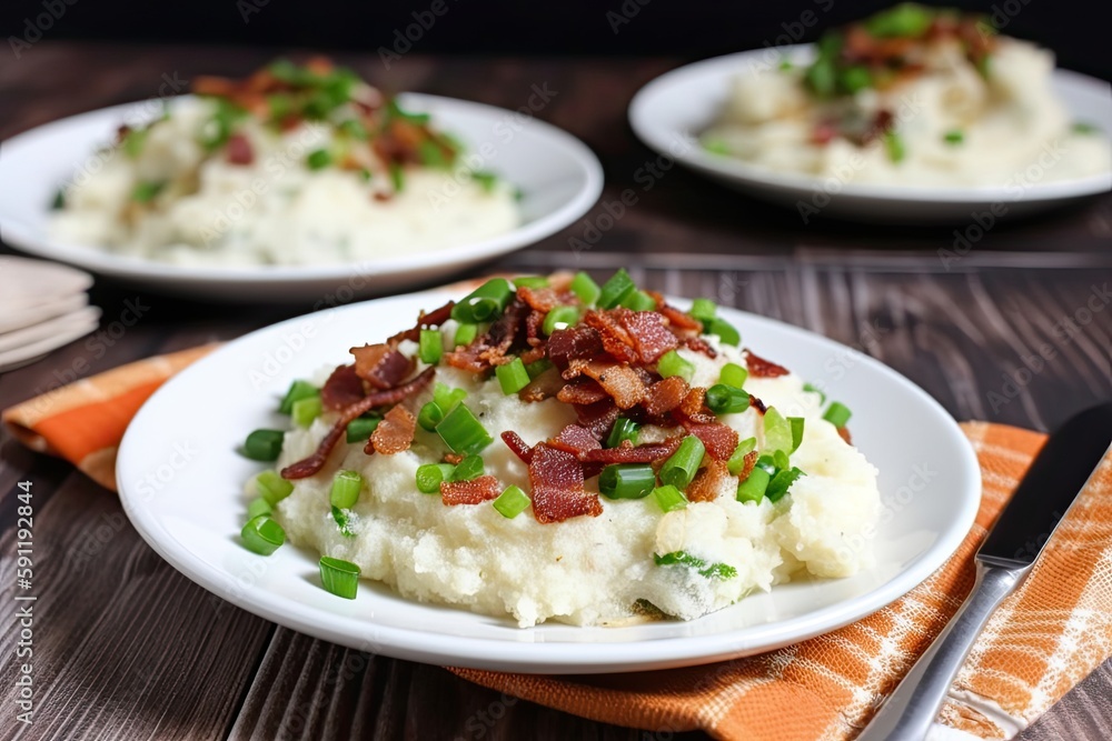 plate of creamy mashed potatoes, topped with crispy bacon and fried green onions, created with generative ai plate of creamy mashed potatoes, topped with crispy bacon and fried green onions, created with generative ai