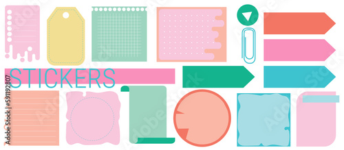 Memo template set. Note paper set vector. Collection of striped notes, blank notepads and torn notes used in a diary or office