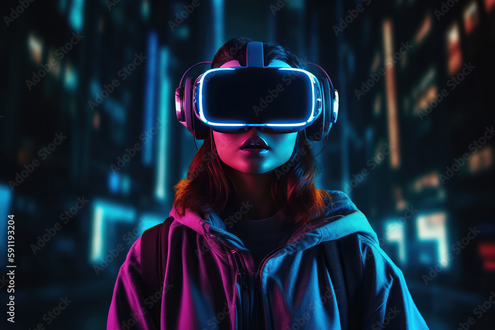 Woman using VR glasses and virtual reality headset. Generative AI Woman using VR glasses and virtual reality headset. Generative AI