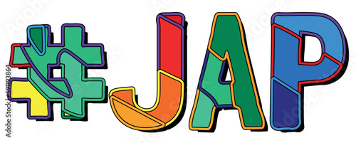 #JAP. Bright funny cartoon color doodle isolated text. Trendy popular Hashtag #JAP for japanese adult web resource, print, social network, adv banner, t-shirt design.