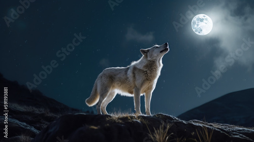 White wolf howling in the forest. Full moon in the sky. Generative AI  © All Creative Lines