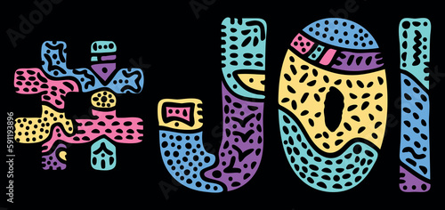 JOI Hashtag. Multicolored bright isolate curves doodle letters with ornament. Popular Hashtag #JOI for Adult web resources, jerk off instruction, mobile apps.