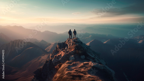 Two person on a top of mountain peak, visualization of team success. Generative AI photo