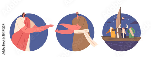 Jesus And Apostles in Boat Isolated Round Icons. Biblical Spiritual And Religious Characters. Christian Biblical History