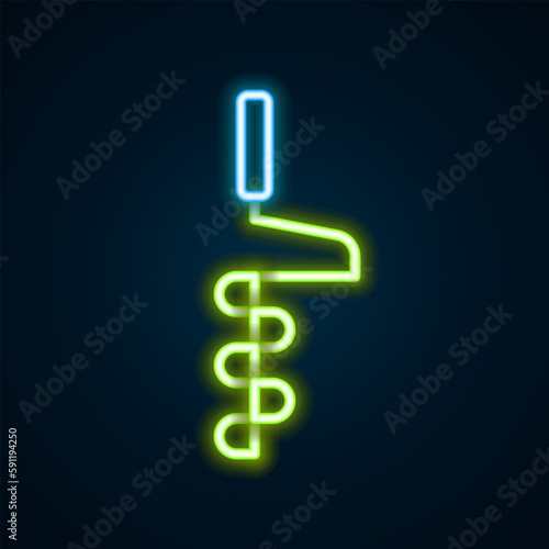 Glowing neon line Hand ice drill for winter fishing icon isolated on black background. Colorful outline concept. Vector