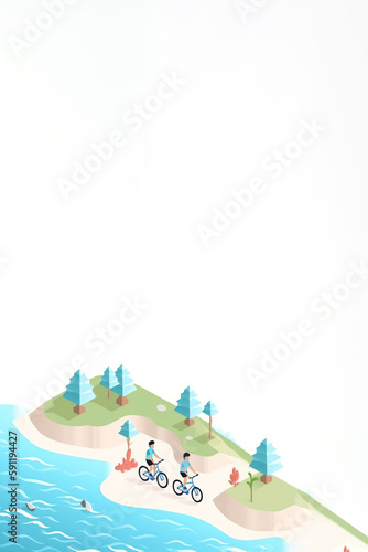 Father and Son Riding Bicycles by the Beach. AI illustration. © Marko