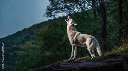 White wolf howling in the forest. Evening in a wild nature. Generative AI
