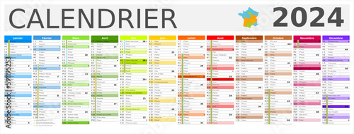 Calendrier 2024 12 mois au format 320 x 840 mm entièrement modifiable via calques et texte sans serif - vacances officielles