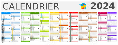 Calendrier 2024 12 mois au format 320 x 840 mm entièrement modifiable via calques et texte sans serif - vacances officielles