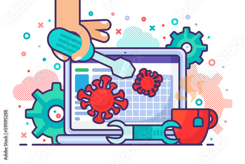 Hand of specialist master repairs laptop, computer after being damaged by viruses. Concept of electronics service center. Conceptual color vector illustration isolated on white background