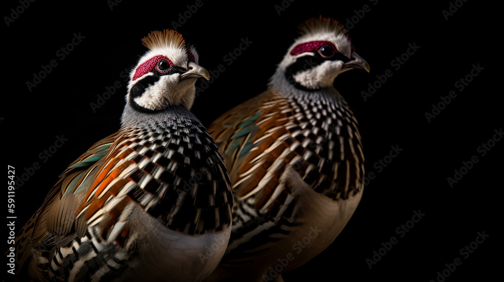 Isolated Colorful Two Chukars On Black Background, Generative Ai