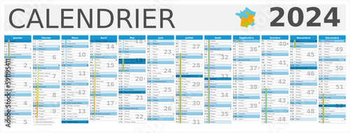 Calendrier 2024 12 mois au format 320 x 840 mm entièrement modifiable via calques et texte sans serif - vacances officielles
