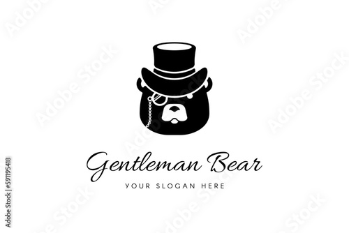 Logo of business brown grizzly bear in top hat and monocles, pincenez. Symbol emblem for design decoration, brand name of legal business company. Simple black and white vector isolated on white back