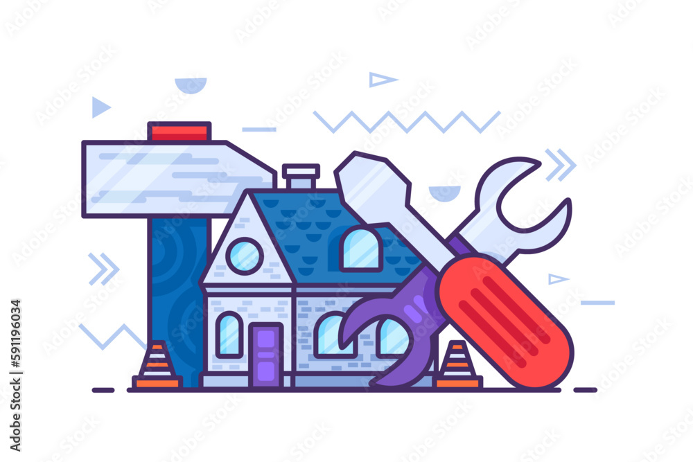One story residential building repaired with hand construction tools. Hammer, wrench, screwdriver. Home Construction and Renovation. Simple cartoon outline concept vector isolated on white background