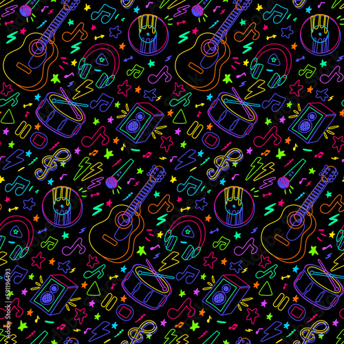 Musical instrumental concert neon seamless pattern with rock and classic musical instruments. Ornament for printing on fabric, cover and packaging. Vector isolated on black background