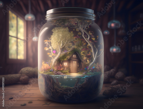 Small house, plants and trees in glass container. Woods miniature.