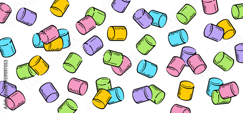 Drawing cartoon sugar marshmallow, line pattern. Sweet marshmallow for bbq, cooking icon or symbol. Delicious, tasty white marshmallows. Eating roasted candies sweets.