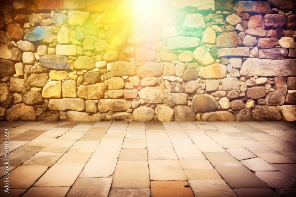 Retro background photo scenario with stones floor and stones wall and flares lighting effects Generative AI Illustration